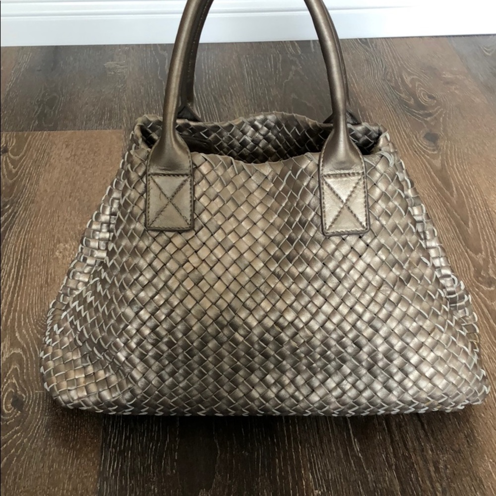 Preloved woven metallic silver/gold leather tote